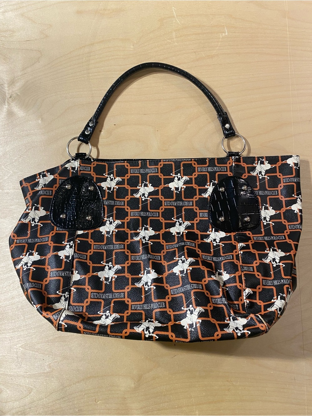 Beverly Hills Polo Club Black & Orange Patterned Women's Tote Bag (BD)